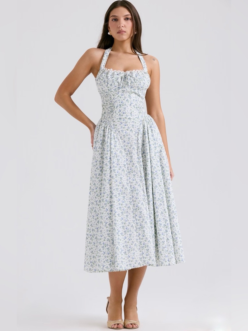 House of CB Adabella white bluebell print cotton halter sundress - Picture 2 of 16